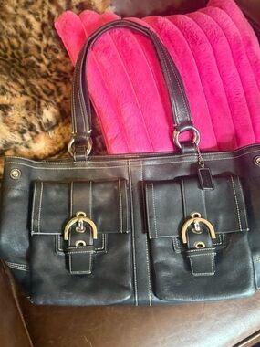 Black Leather Tote Bag with Front Buckle Pockets. Large COACH!!!